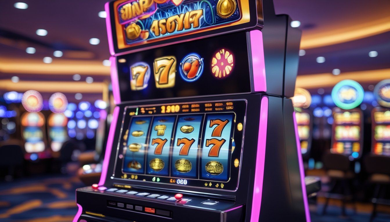 Mesin slot bergaya Vegas yang modern dengan lampu warna-warni dan simbol jackpot di dalam kasino yang ramai.