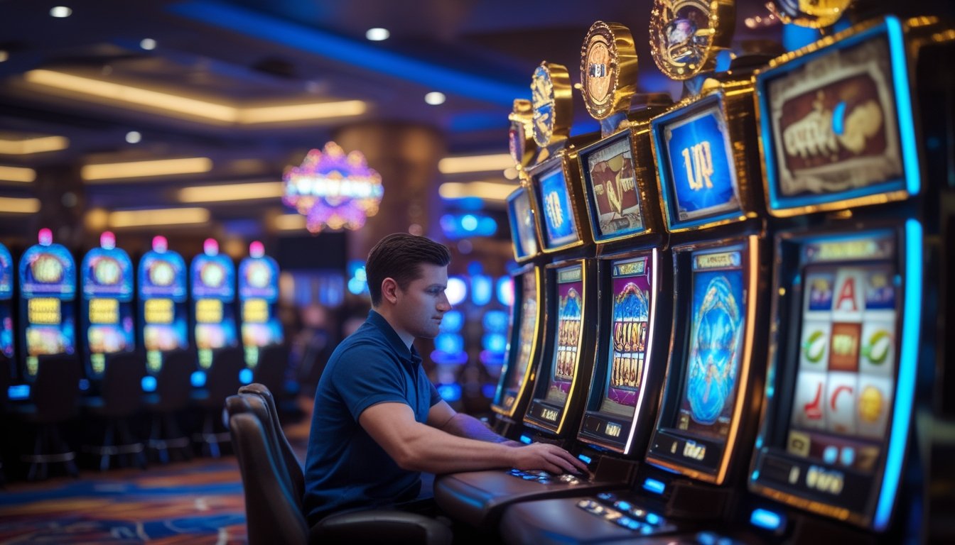 Seorang pemain sedang memilih mesin slot di dalam kasino dengan mesin slot bergaya Vegas dan tema petualangan di sekitarnya.