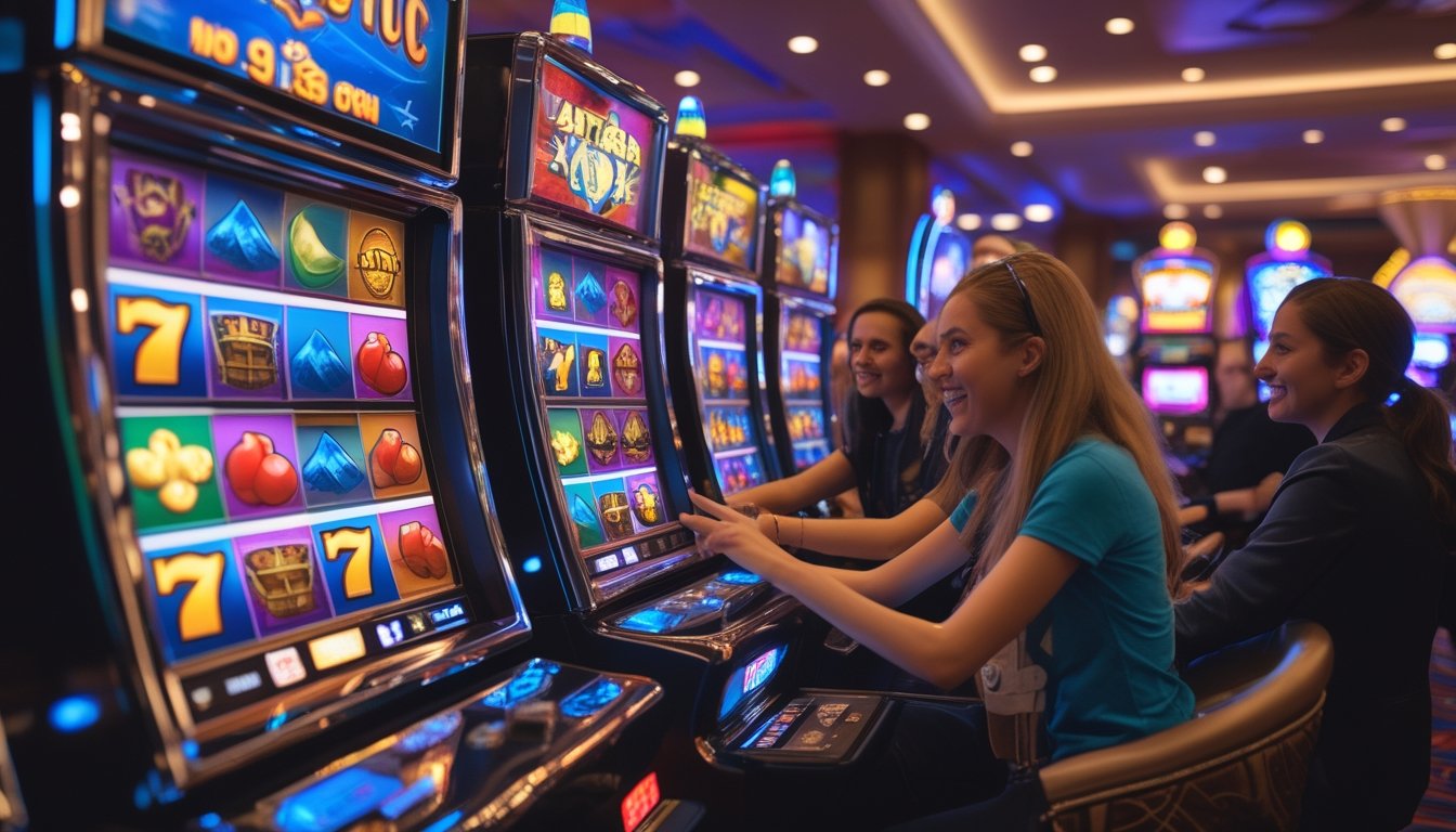 Orang-orang sedang bermain mesin slot di kasino dengan berbagai simbol petualangan dan gaya Vegas yang berwarna-warni.