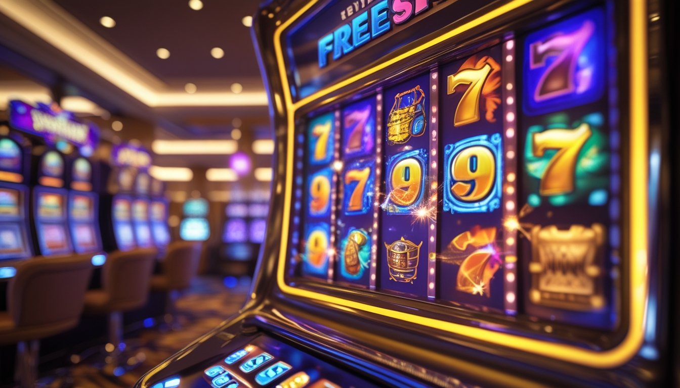 Mesin slot berwarna-warni dengan simbol buah dan harta karun yang menunjukkan fitur putaran gratis, di latar belakang suasana kasino yang mewah.