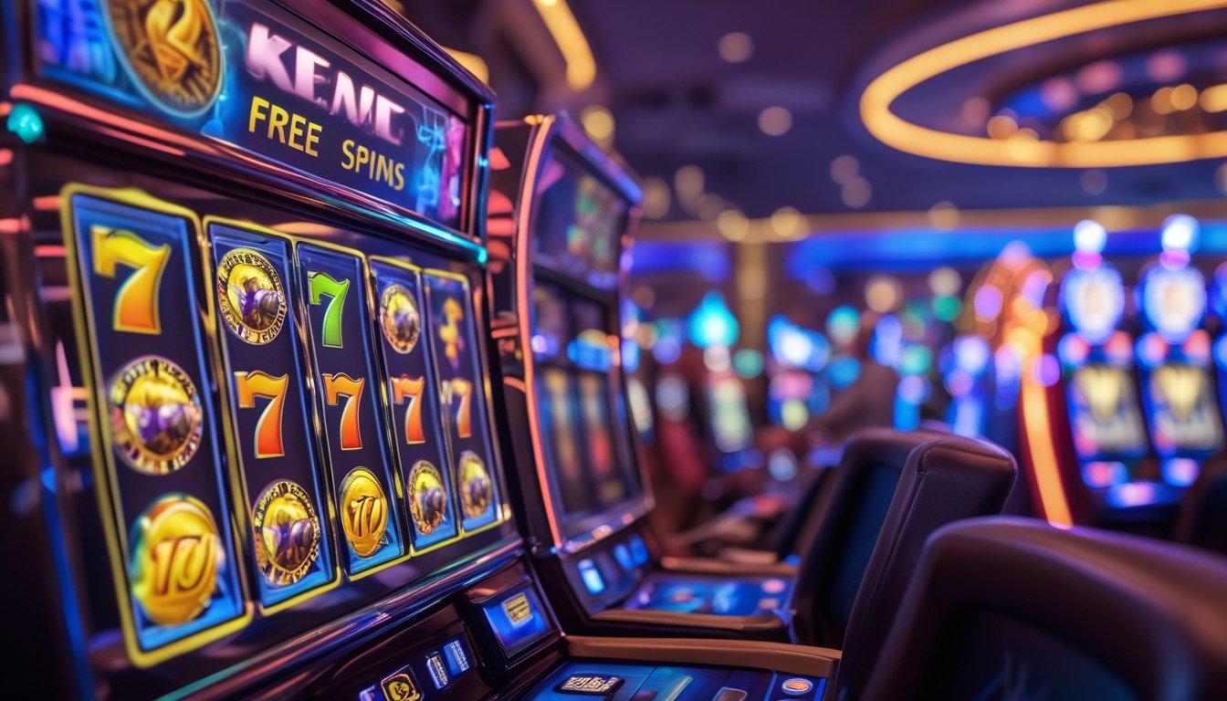Area mesin slot di kasino dengan mesin yang menampilkan gulungan warna-warni dan suasana ramai di latar belakang.
