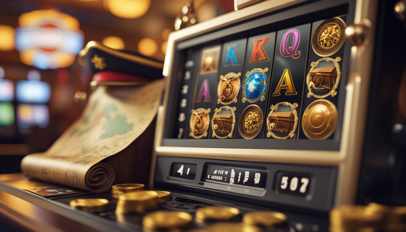 Mesin slot bertema petualangan dengan simbol harta karun dan peta di kasino yang ramai.