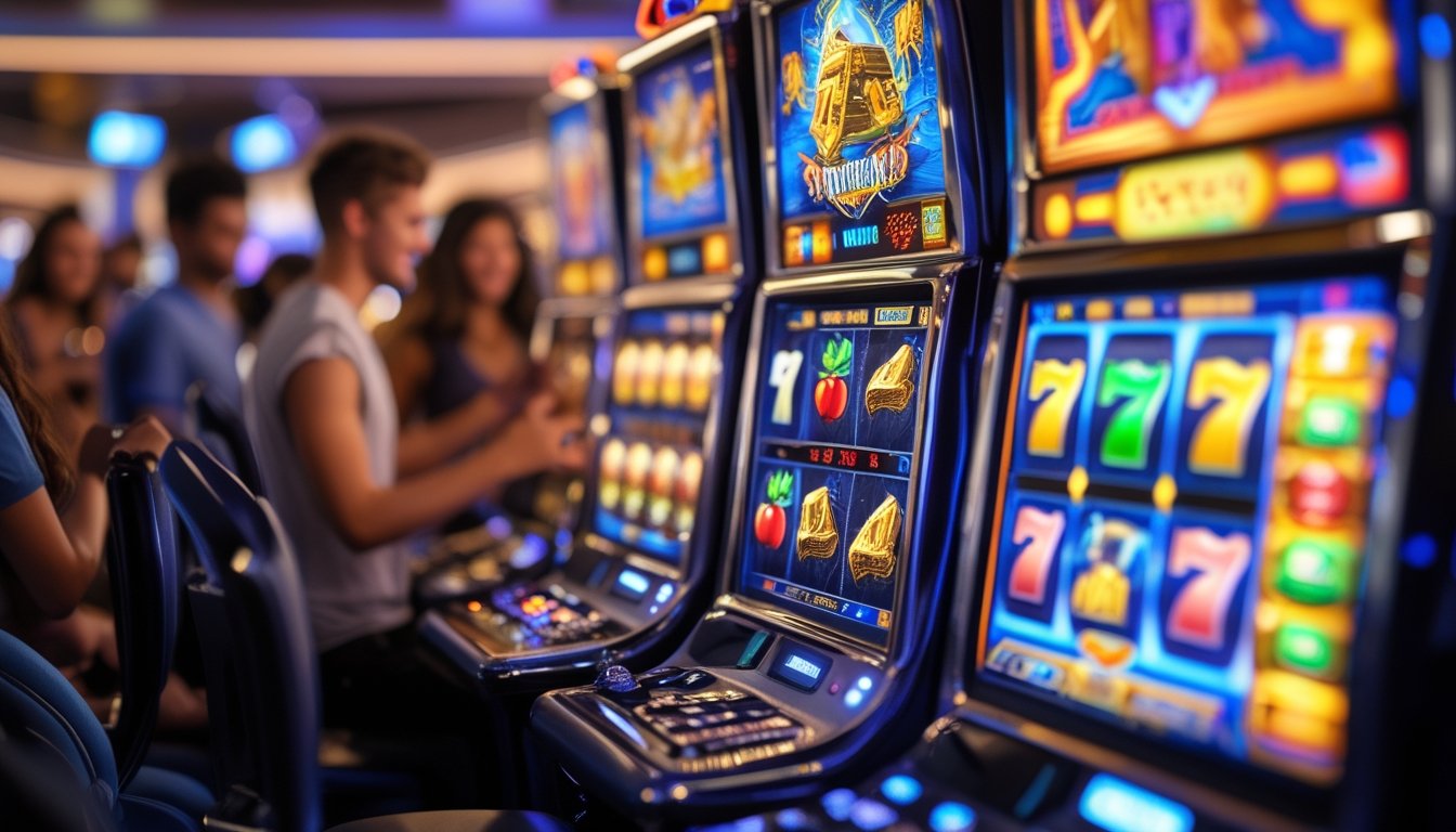 Mesin slot berwarna-warni dengan simbol klasik dan tema petualangan di lingkungan kasino modern dengan pemain yang menikmati permainan secara online.