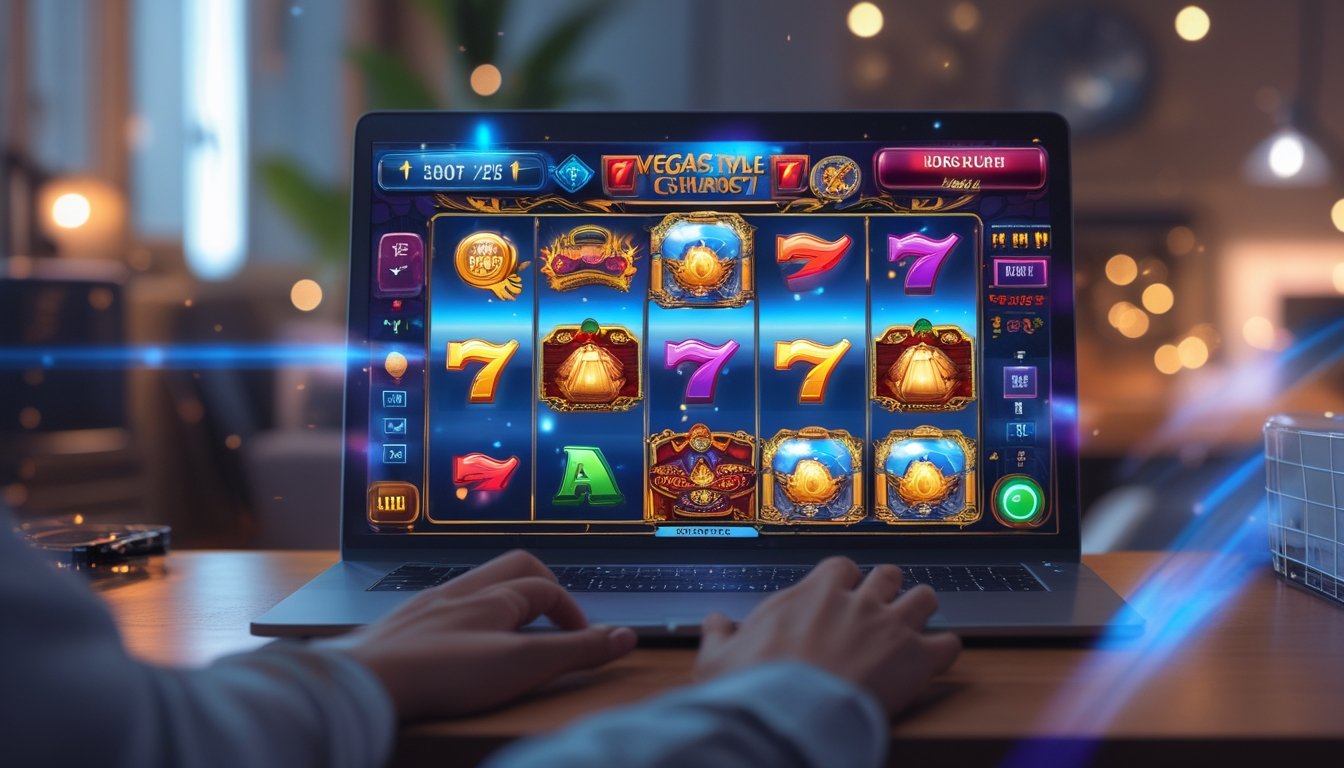 Seorang pengguna sedang bermain permainan slot online dengan layar komputer menampilkan grafis warna-warni bertema Vegas dan petualangan.