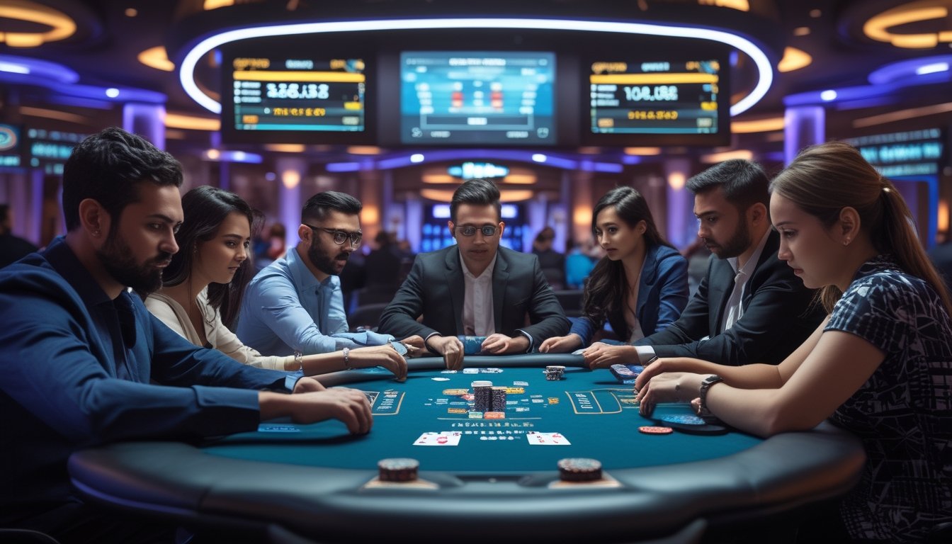 Sekelompok pemain poker sedang bermain Turbo Hold’em di meja kasino dengan suasana cepat dan dinamis.