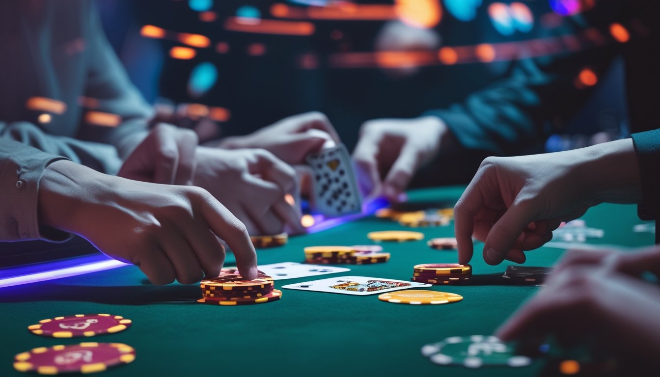 Meja kasino dengan pemain yang sedang bermain kartu Turbo Hold’em secara cepat dan dinamis.
