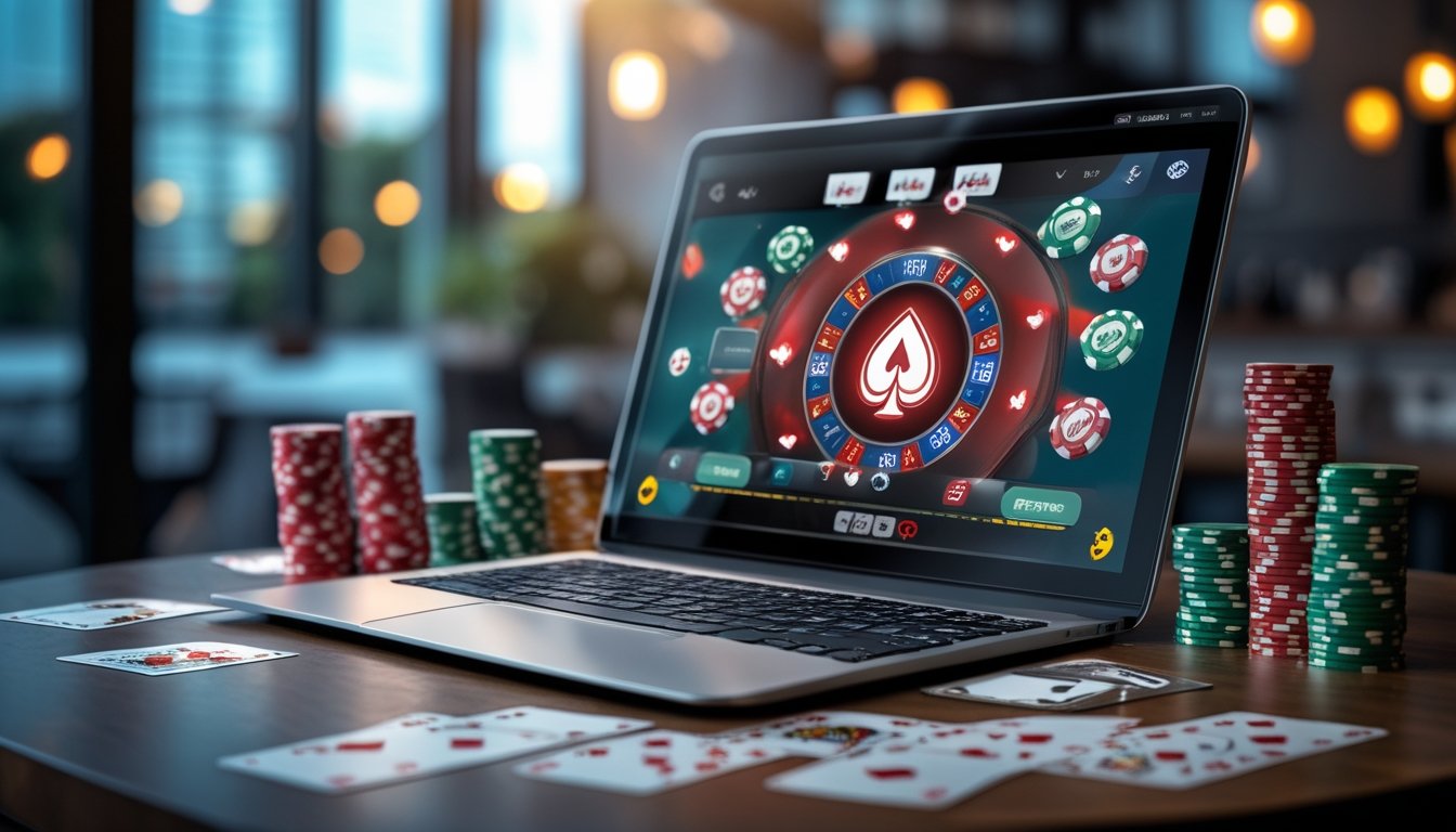Seorang pemain poker online menggunakan laptop dengan tumpukan chip poker dan kartu di meja dalam suasana modern dan nyaman.