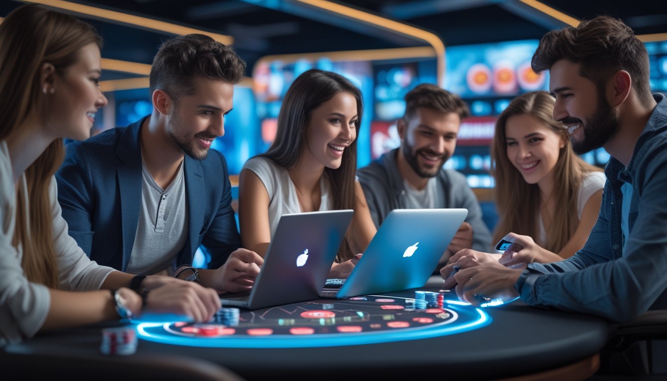 Sekelompok orang muda bermain poker online dengan laptop dan tablet di ruangan modern, terlihat fokus dan antusias.