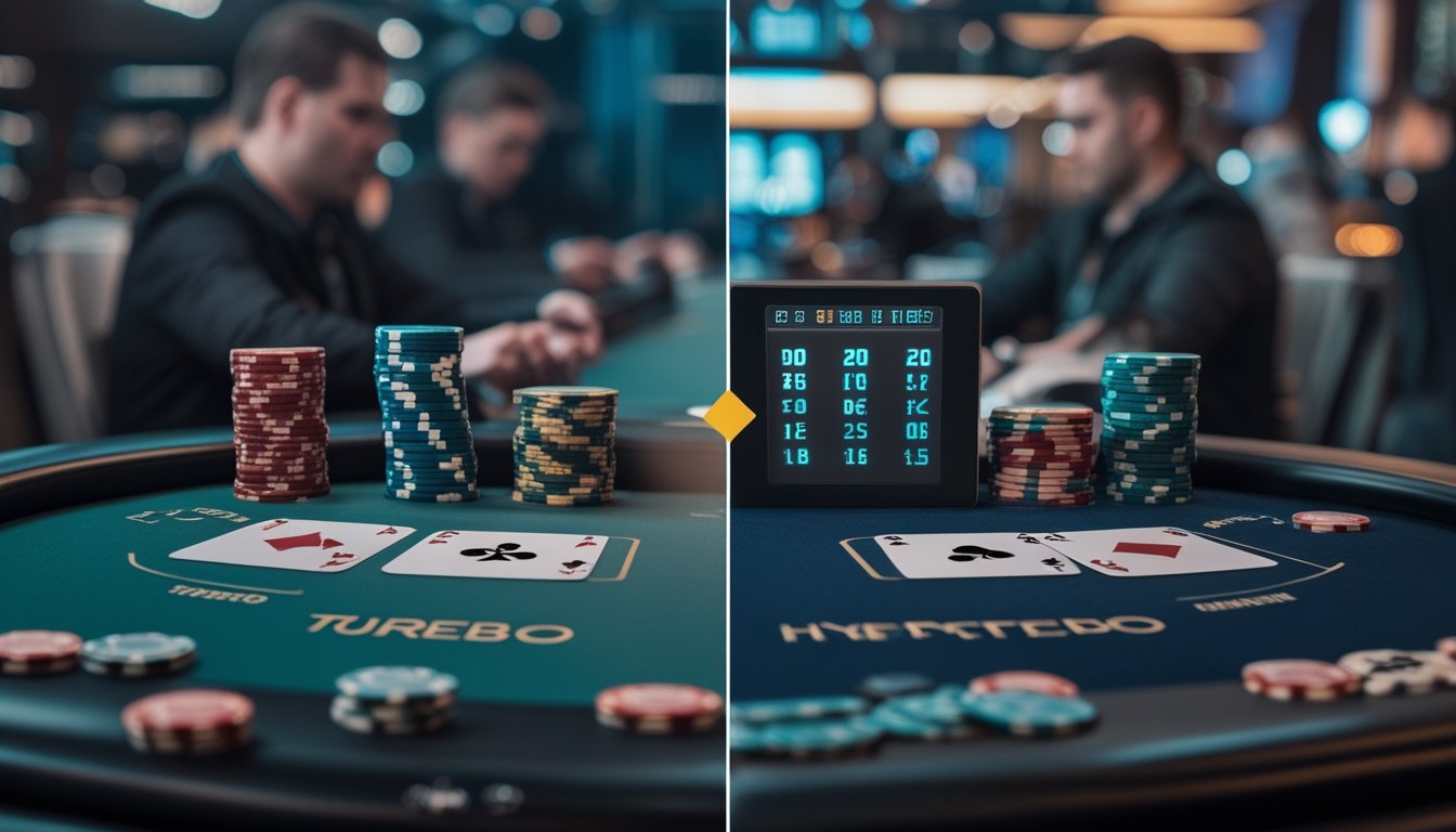 Meja poker dengan dua area berbeda yang menunjukkan variasi Turbo dan Hyper-Turbo Hold’em, dengan tumpukan chip dan kartu yang sedang dibagikan di lingkungan kasino.
