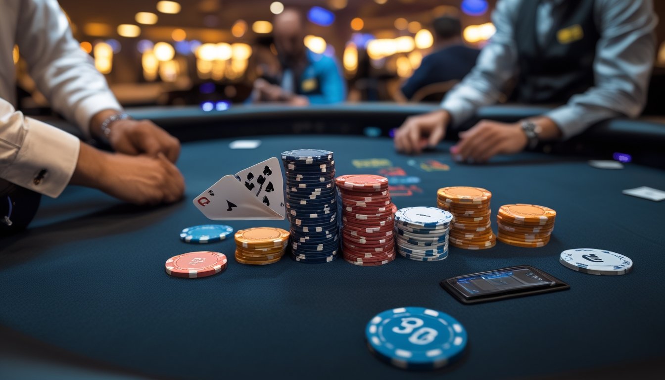 Adegan meja poker dengan tumpukan chip dan kartu yang dipegang pemain, serta jam digital yang menunjukkan permainan cepat.