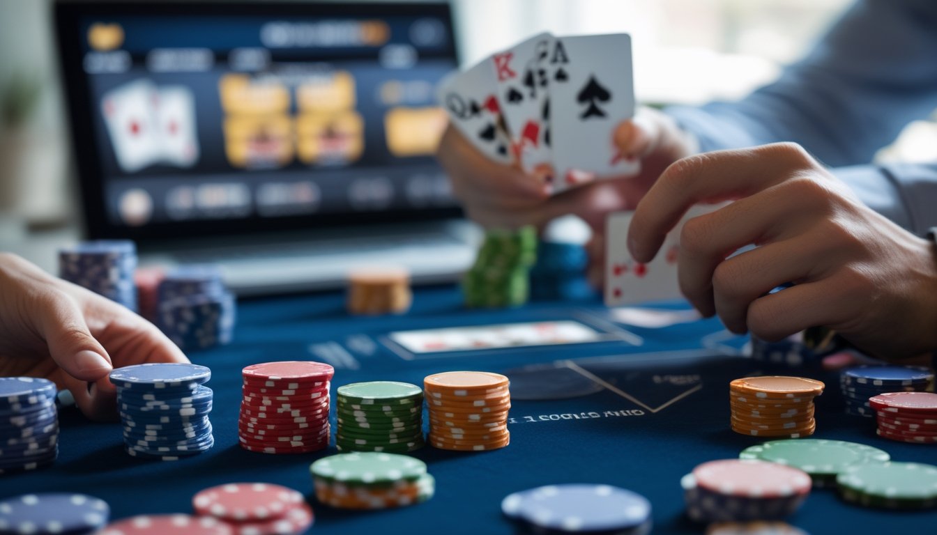 Meja poker dengan tumpukan chip dan kartu yang dipegang oleh pemain, menunjukkan suasana permainan poker dengan perangkat elektronik di latar belakang.