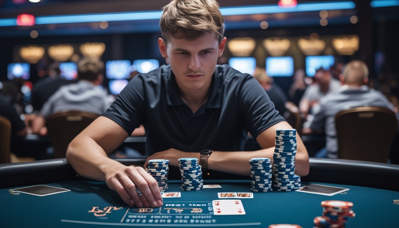 Seorang pemain poker fokus duduk di meja kasino dengan tumpukan chip dan kartu bermain di depan, suasana kasino yang hidup di latar belakang.