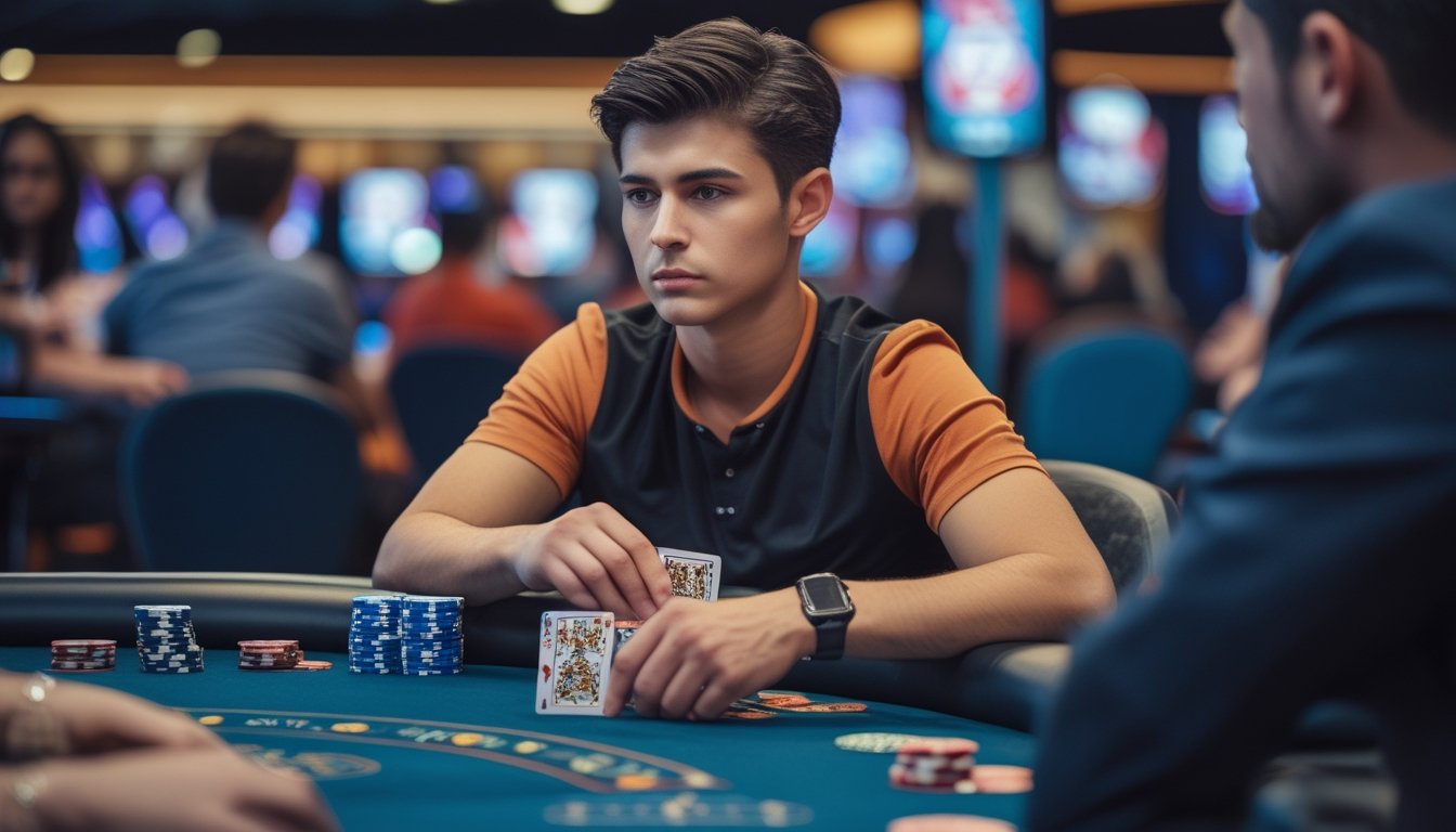 Seorang pemain poker fokus duduk di meja poker dengan tumpukan chip dan kartu di depan, di dalam ruangan kasino yang ramai.