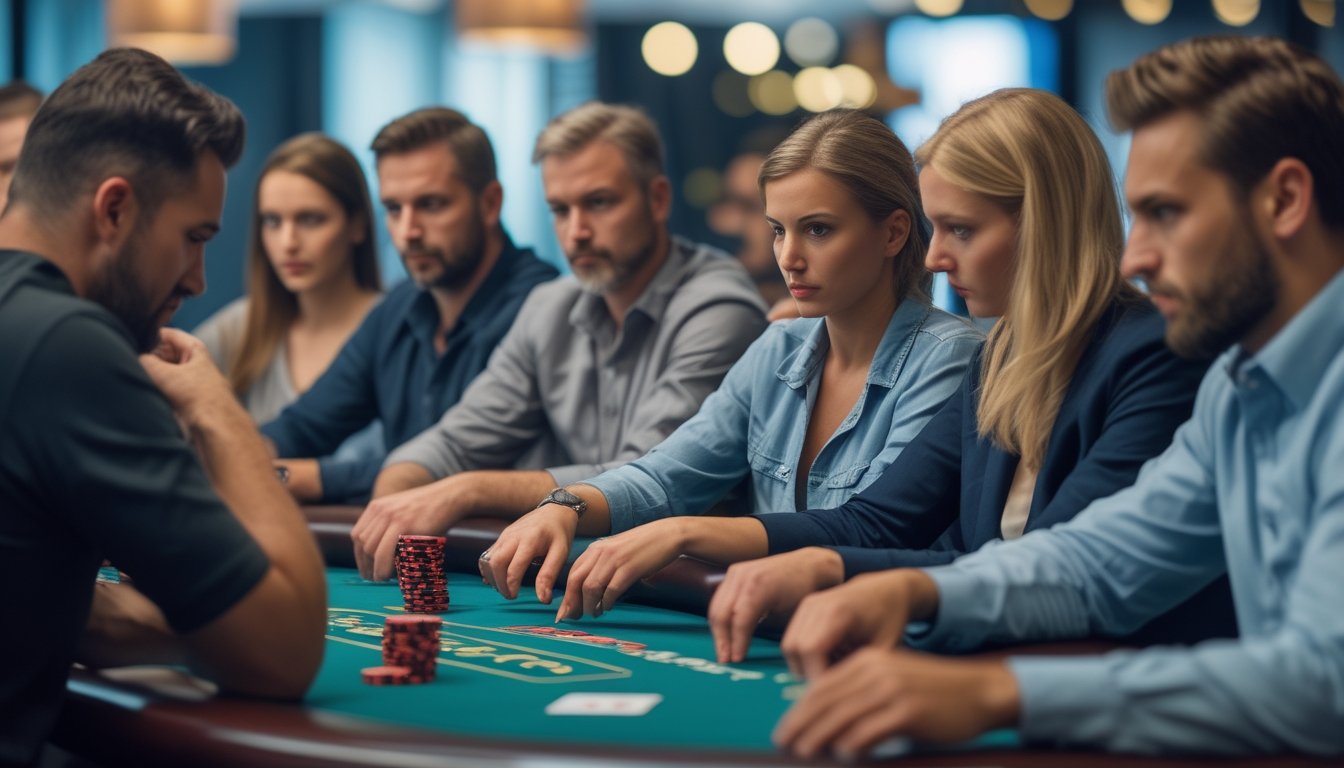 Beberapa pemain poker serius sedang bermain di meja dengan chip dan kartu, menunjukkan fokus dan konsentrasi dalam permainan.