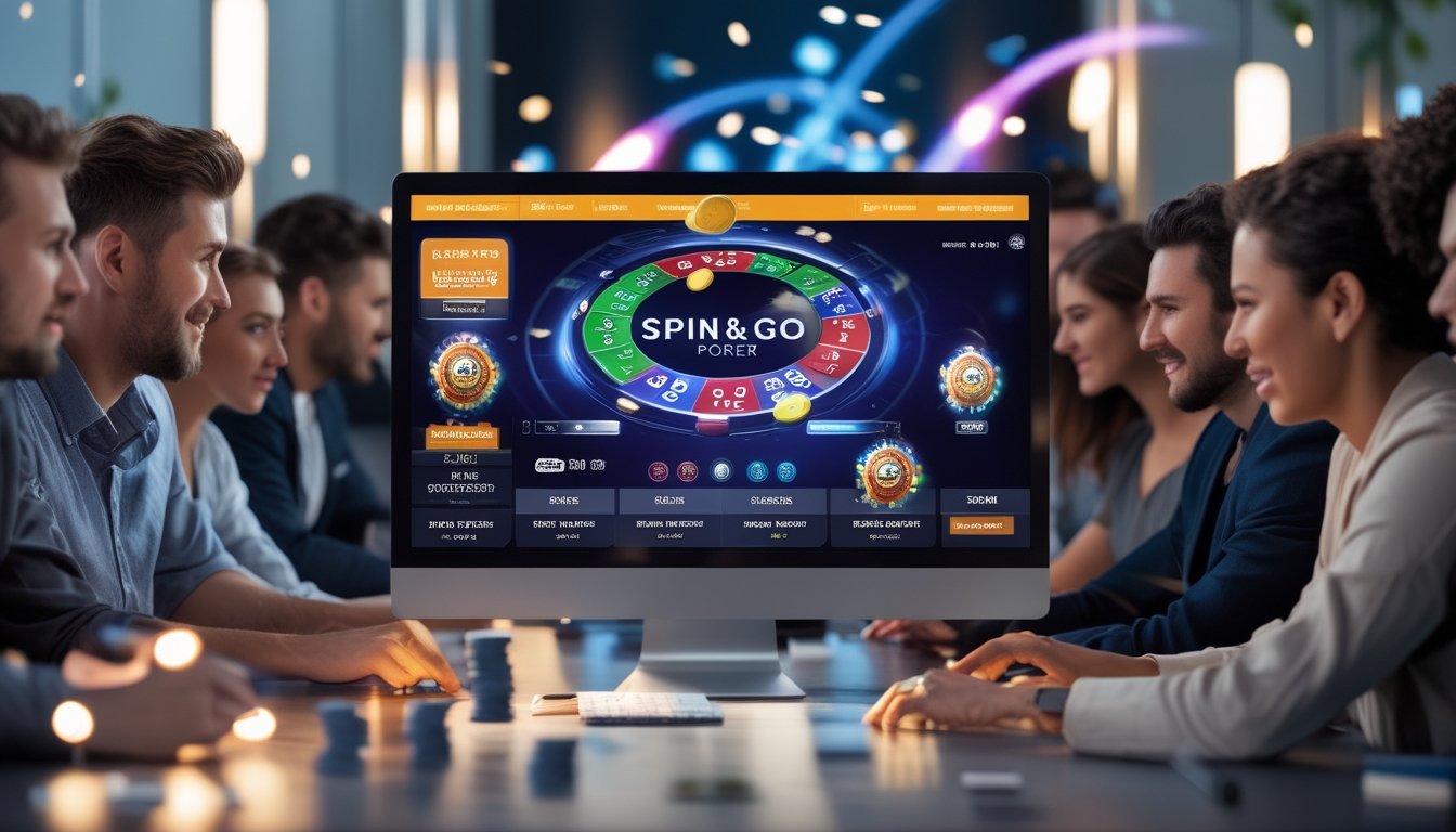 Orang-orang bermain poker online di depan komputer dengan suasana penuh semangat dan fokus, menampilkan elemen permainan poker dan jackpot dalam ruangan yang modern.