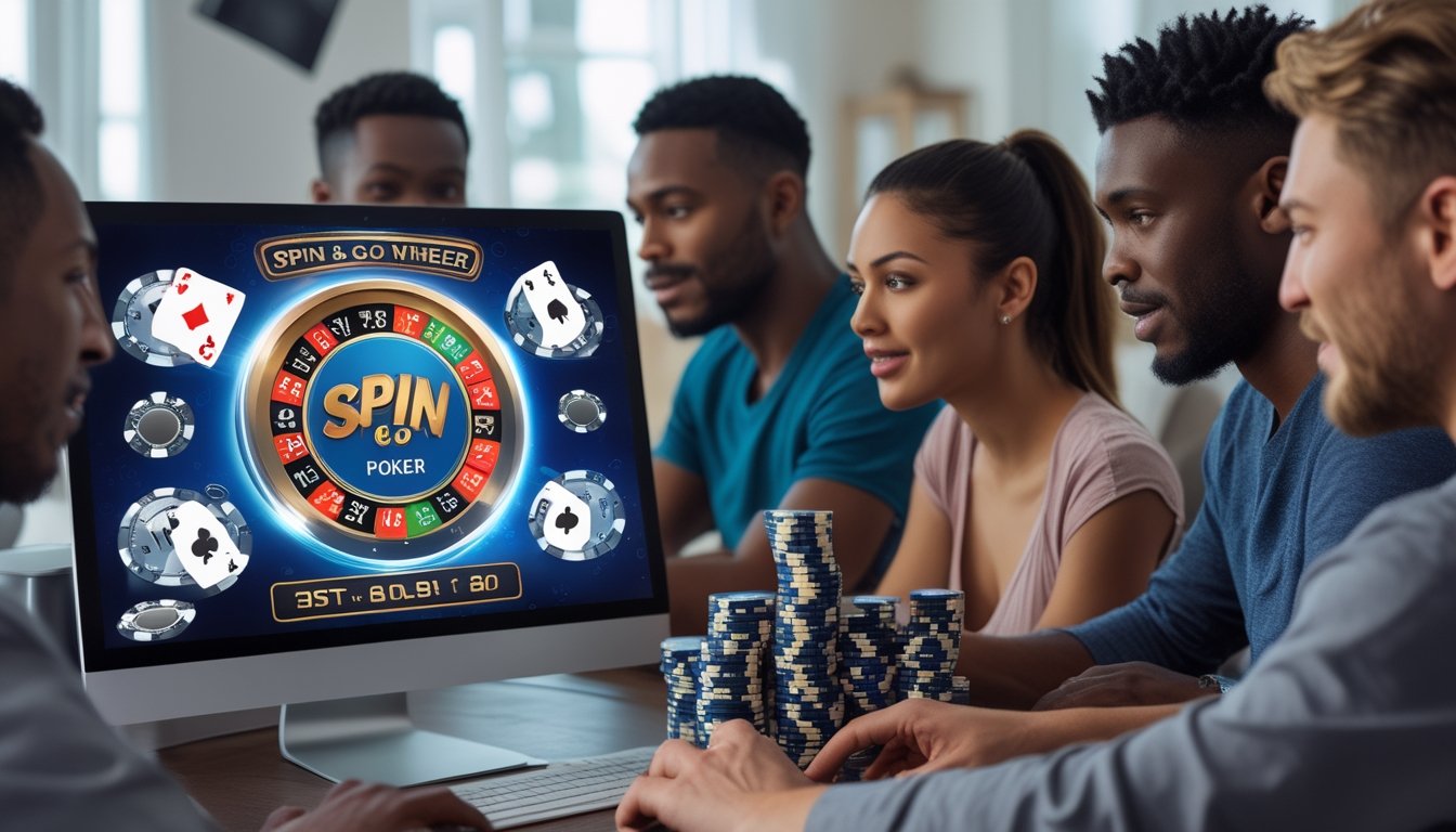 Beberapa orang fokus bermain poker online dengan layar komputer yang menampilkan permainan Spin & Go Poker dan tumpukan chip poker di meja.