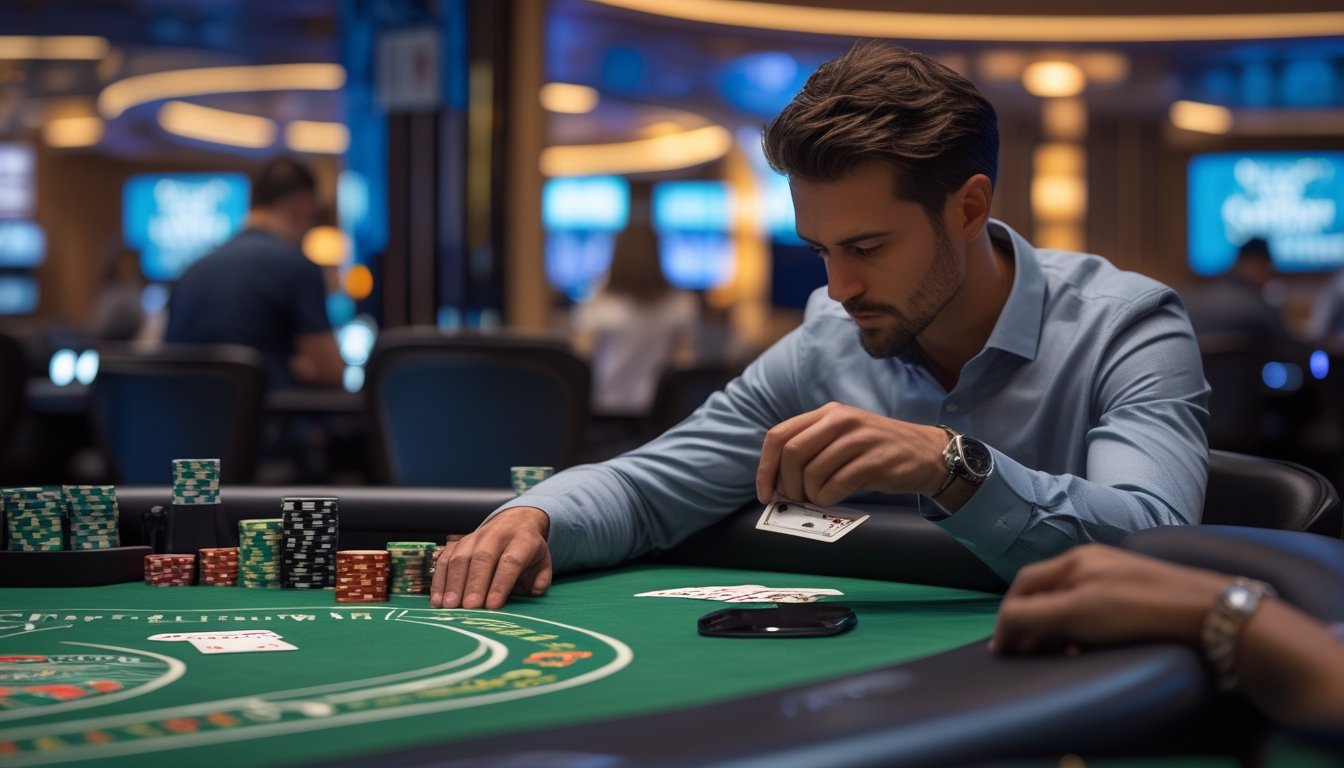 Seorang pemain poker fokus bermain Turbo Hold’em di meja kasino dengan chip dan kartu, suasana kasino terlihat di latar belakang.
