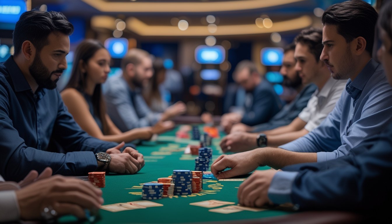 Sekelompok orang sedang bermain kartu Turbo Hold’em di meja kasino dengan tumpukan chip dan kartu di tangan.
