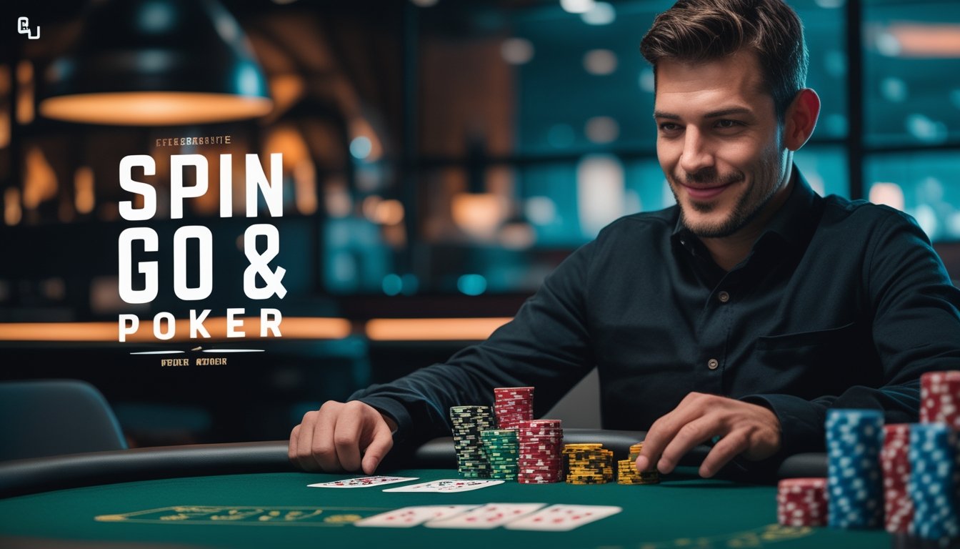 Seorang pemain poker fokus duduk di meja poker dengan tumpukan chip dan kartu, menunjukkan suasana permainan cepat yang menantang.