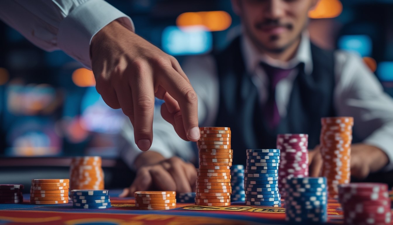 Seorang pemain poker fokus bermain di meja dengan tumpukan chip dan kartu, menunjukkan suasana permainan poker yang cepat dan menantang.