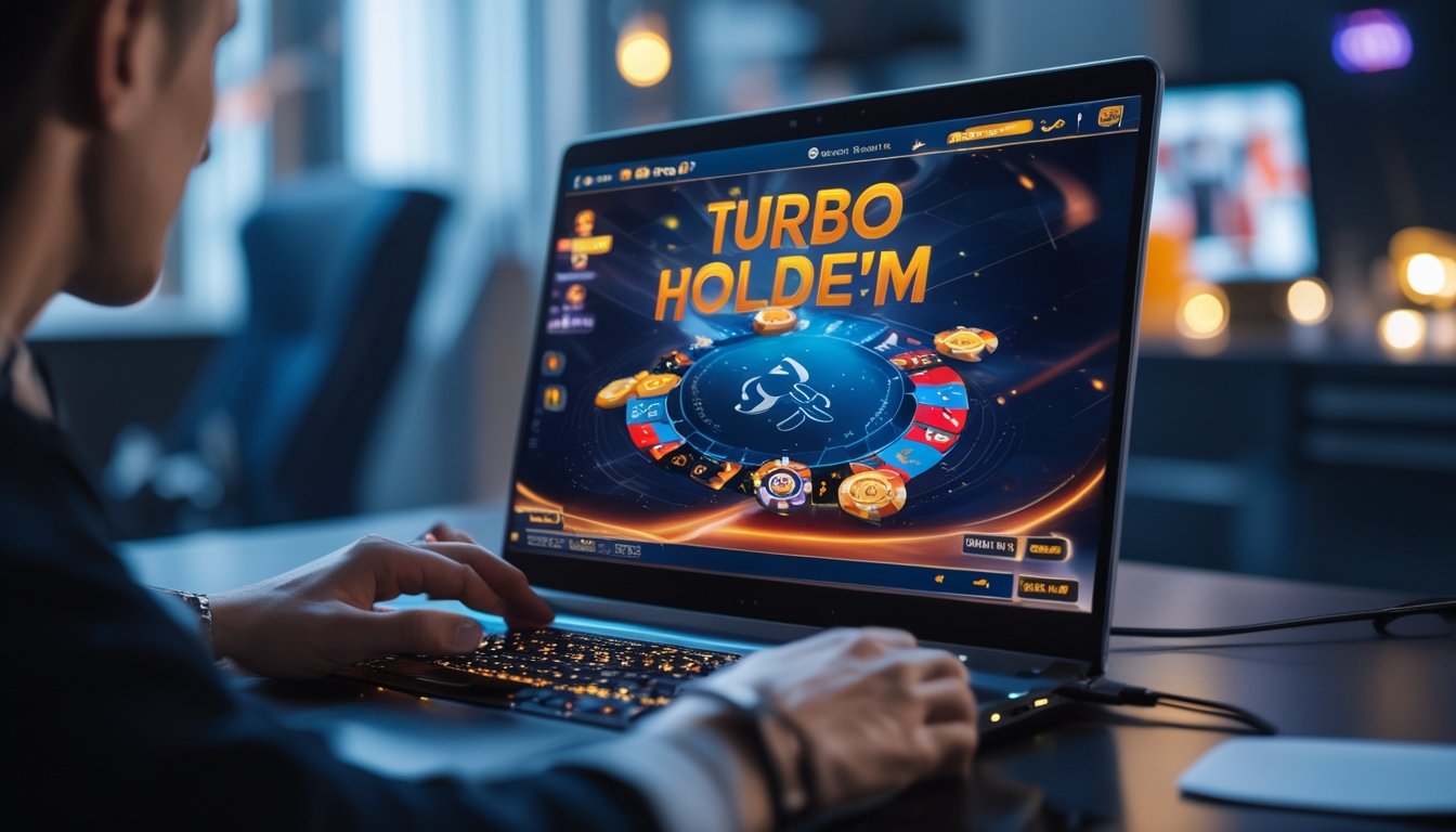 Seseorang bermain poker online dengan komputer di ruang kerja yang rapi dan pencahayaan lembut.