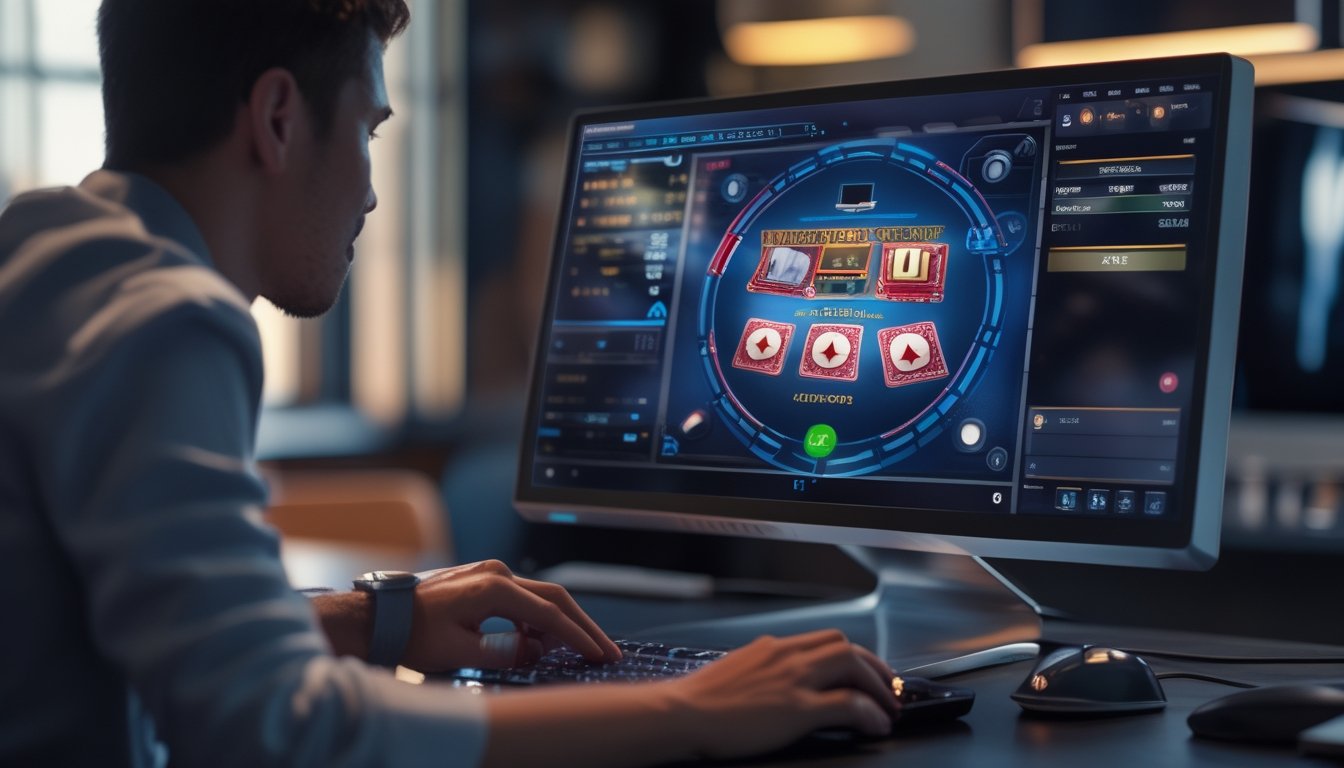 Seorang pemain fokus bermain poker online di depan komputer dengan layar menampilkan permainan Hyper-Turbo Hold’em yang cepat dan intens.