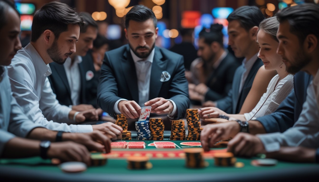 Meja poker dengan pemain yang fokus bermain Turbo Hold’em dan Spin & Go Poker di kasino.