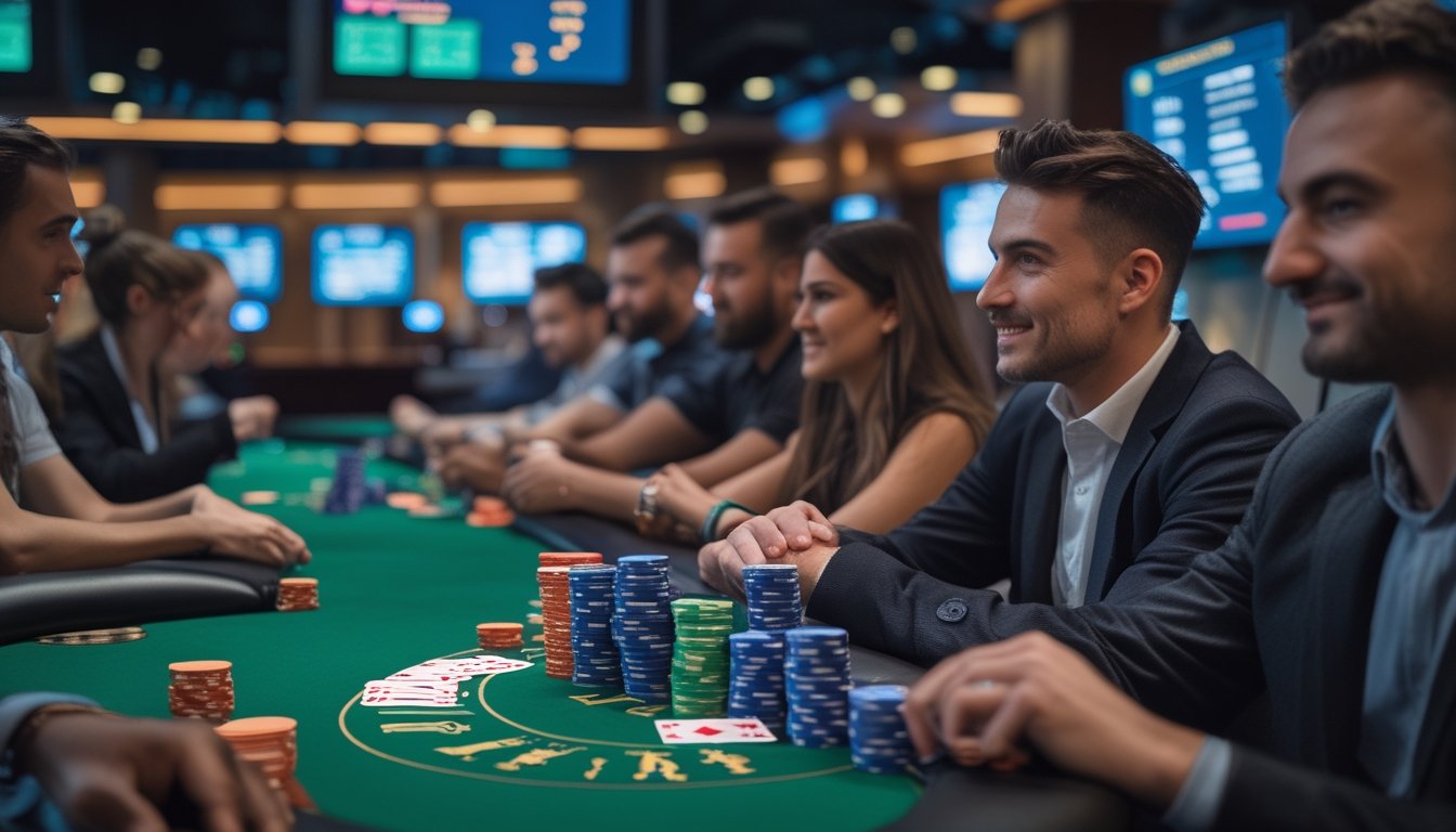 Meja poker dengan chip dan kartu, dikelilingi oleh pemain yang fokus dalam suasana kasino.