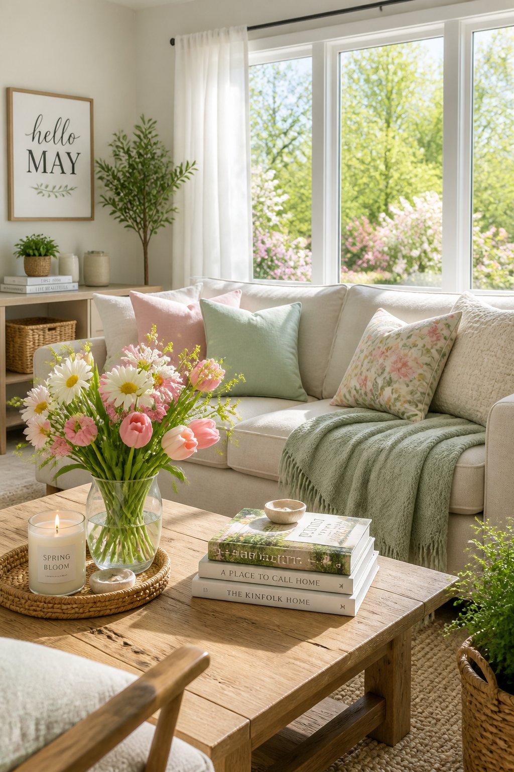 A sunlit living room with pastel pillows, fresh flowers on a coffee table, potted plants, and large windows showing greenery outside.