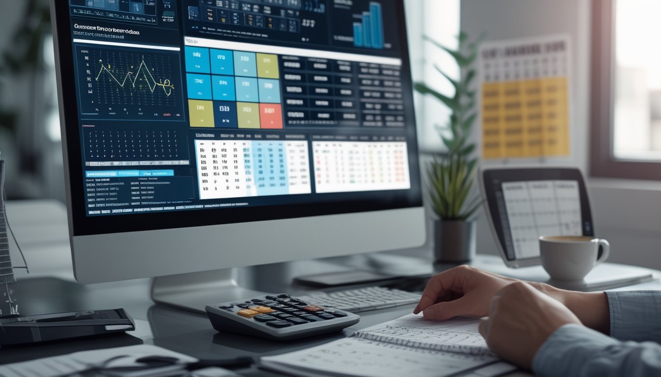 Meja kerja modern dengan komputer menampilkan grafik dan angka, tangan seseorang menggunakan kalkulator dan mencatat angka, dengan suasana yang rapi dan fokus pada analisis data.