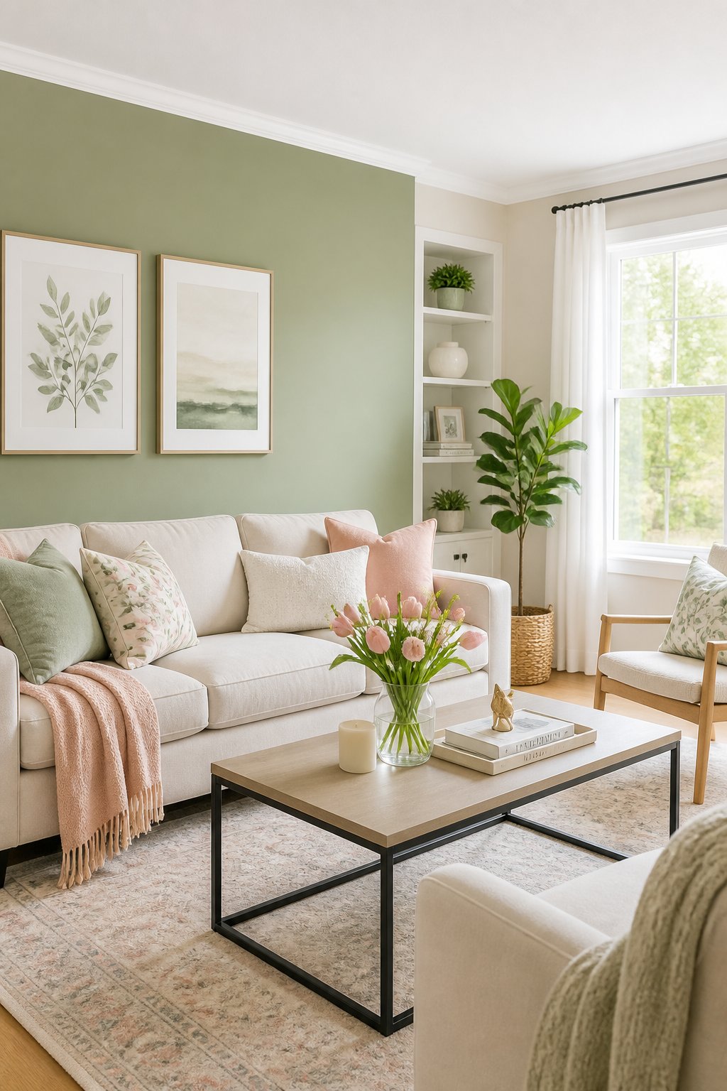 A modern living room with freshly painted accent walls, comfortable furniture, and natural light streaming through large windows.