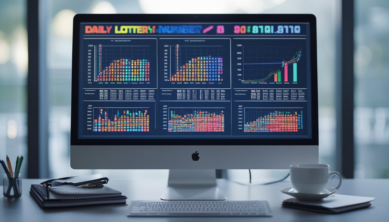 Sebuah ruang kerja modern dengan komputer yang menampilkan grafik dan diagram analisis angka lotre, dikelilingi oleh alat tulis dan secangkir kopi.