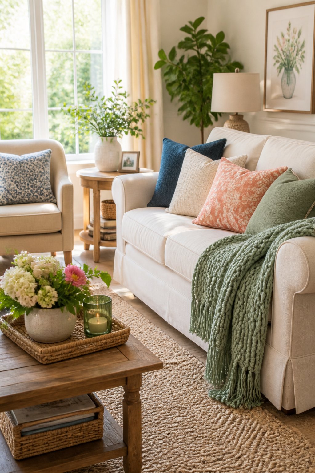 A bright living room with a sofa, colorful pillows, a knitted blanket, an armchair, plants, and a wooden side table.
