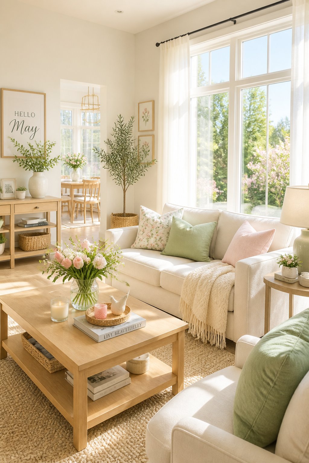 A sunlit living room with fresh flowers, light pastel decor, and large windows letting in natural light.