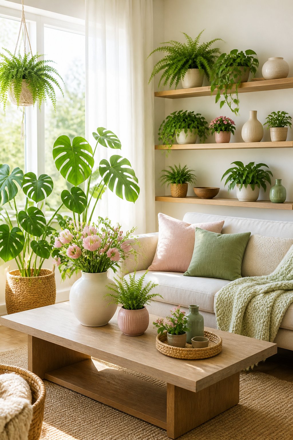 A bright living room with large windows, green indoor plants, light-colored furniture, and natural decor creating a fresh and inviting atmosphere.