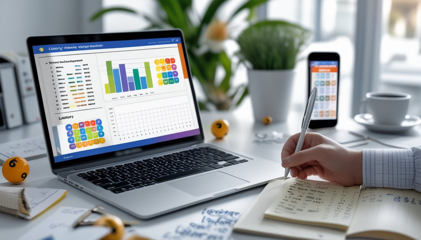 Suasana ruang kerja dengan laptop, catatan, dan bola lotre di atas meja, memperlihatkan aktivitas prediksi togel.