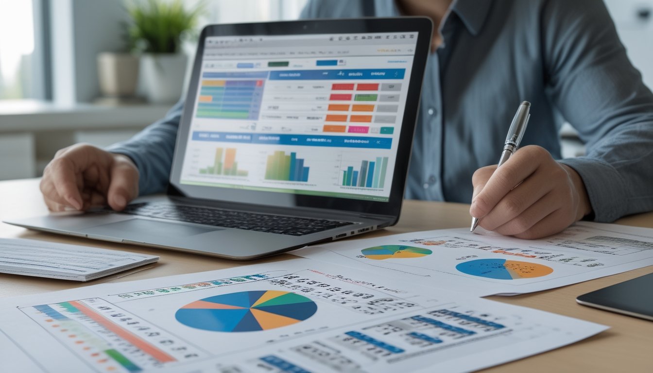 Seorang pria duduk di meja kerja dengan laptop dan lembar data angka lotre, sedang menganalisis informasi dengan serius di ruang kantor yang rapi.
