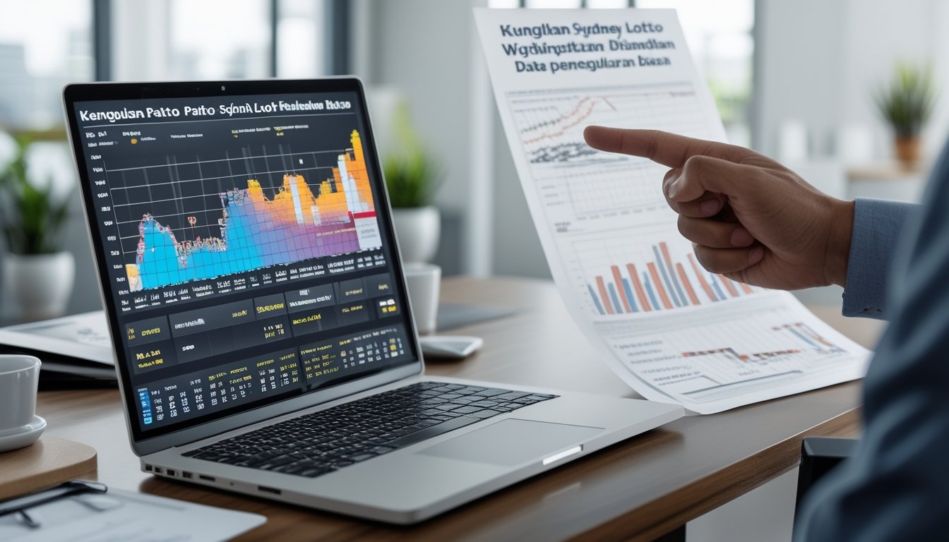 Sebuah meja kerja dengan laptop yang menampilkan grafik data lotre berwarna-warni dan tangan menunjuk layar, dengan cetakan grafik di sampingnya di ruangan kantor yang terang.