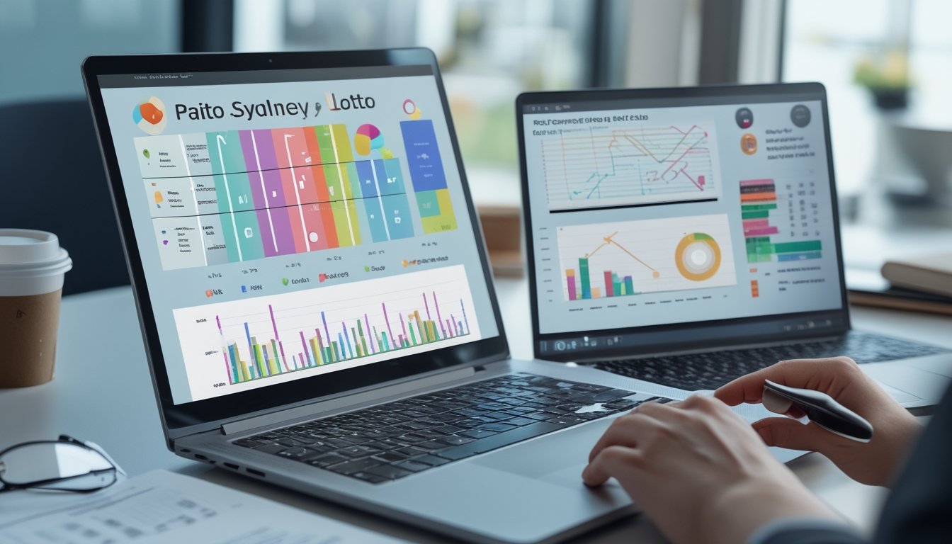 Meja kerja dengan laptop dan tablet yang menampilkan grafik dan data lotere, serta beberapa lembar kertas di sampingnya.