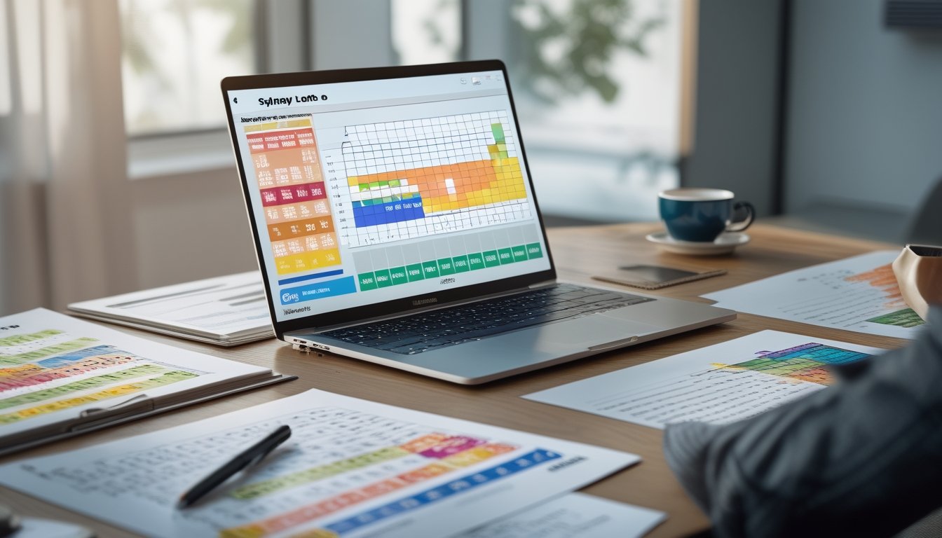 Seorang profesional sedang menganalisis pola angka pada layar laptop dengan grafik dan data lotere, dikelilingi kertas dan alat tulis di meja kerja.