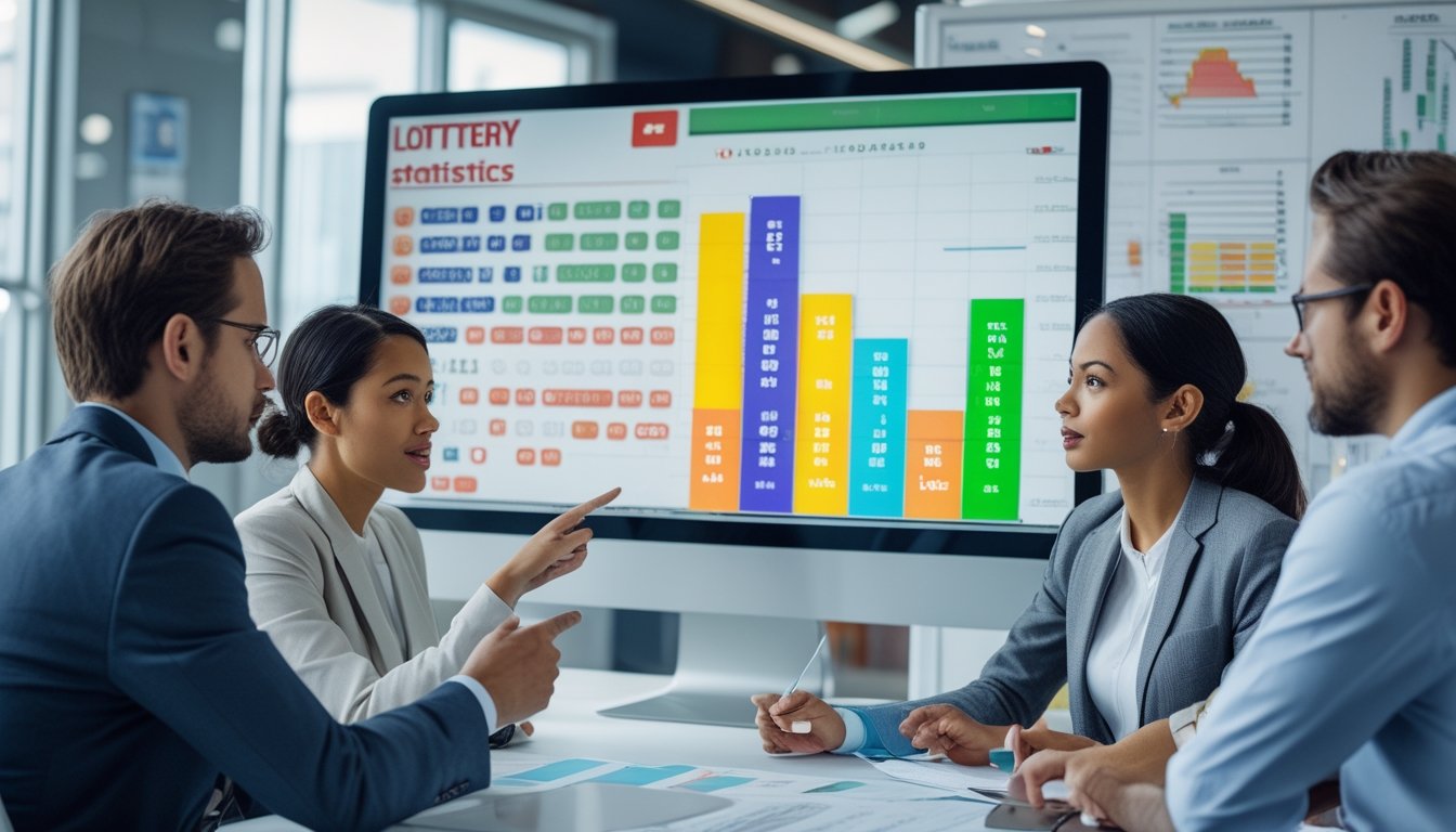 Sejumlah profesional sedang berdiskusi di kantor dengan layar komputer menampilkan grafik dan statistik lotre.