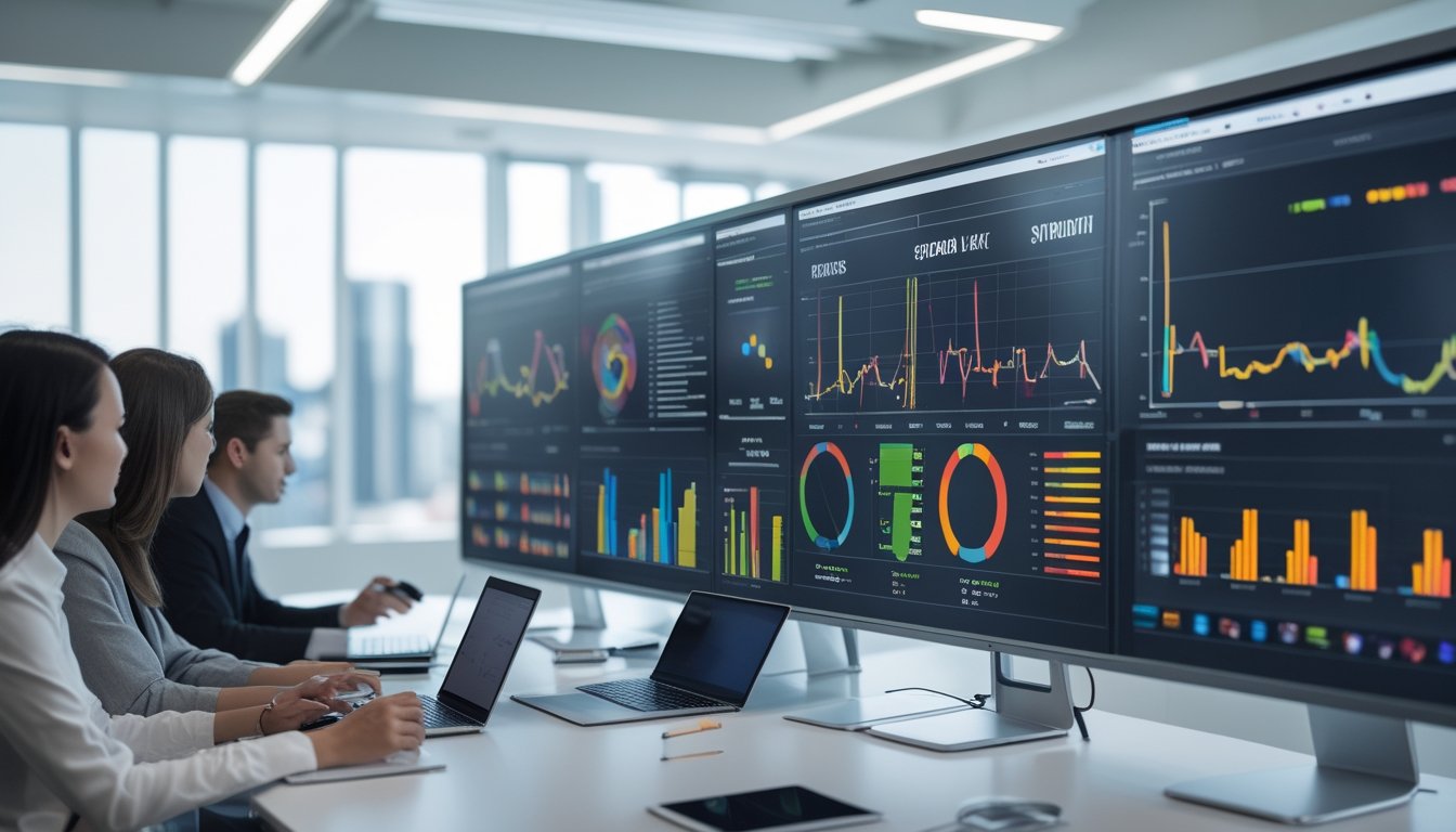 Sekelompok profesional sedang menganalisis data statistik lotre Sydney dengan layar digital yang menampilkan grafik dan diagram di ruang kantor modern.