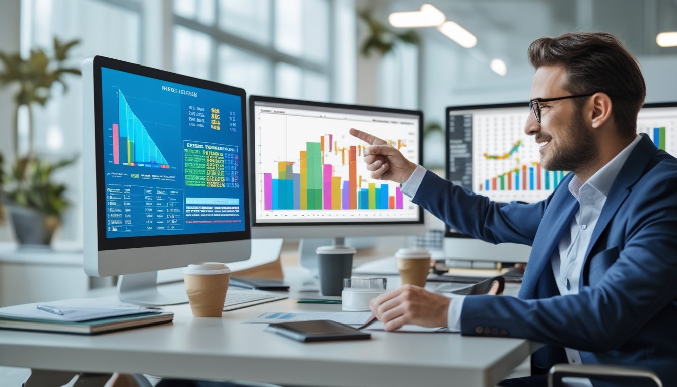 Seorang analis di kantor modern sedang menunjuk grafik warna-warni dan data angka di layar komputer yang menunjukkan analisa lotre.