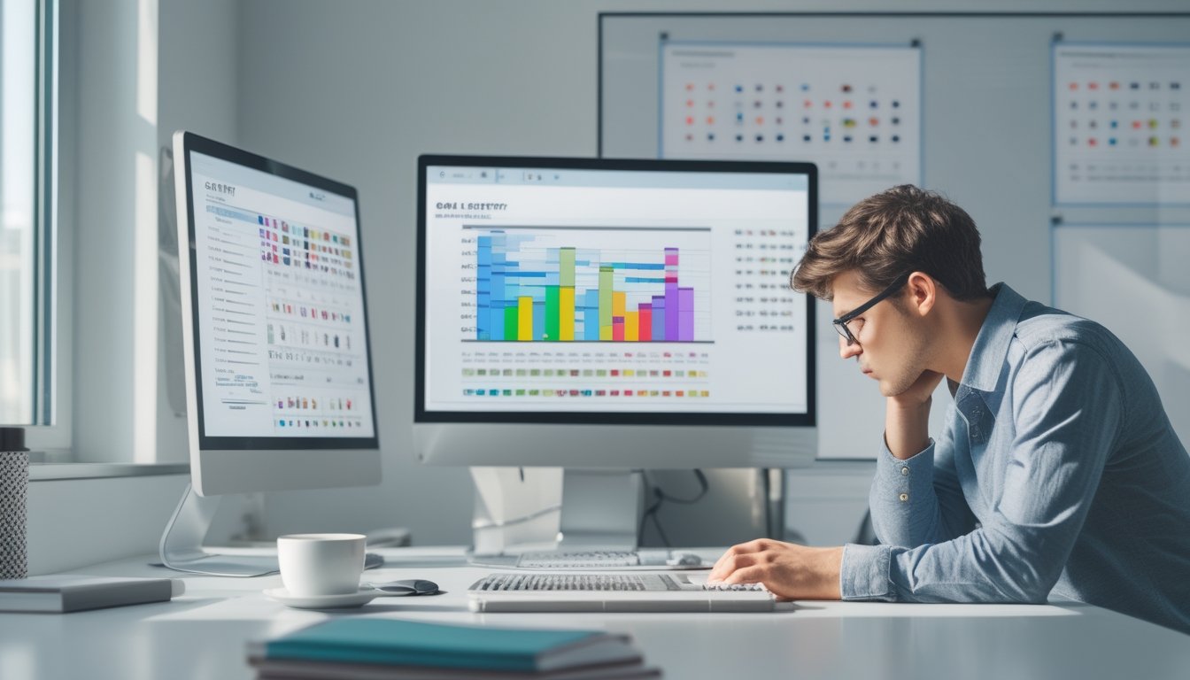 Seseorang sedang menganalisis data warna dan angka pada layar komputer di ruang kerja yang rapi dan terang.