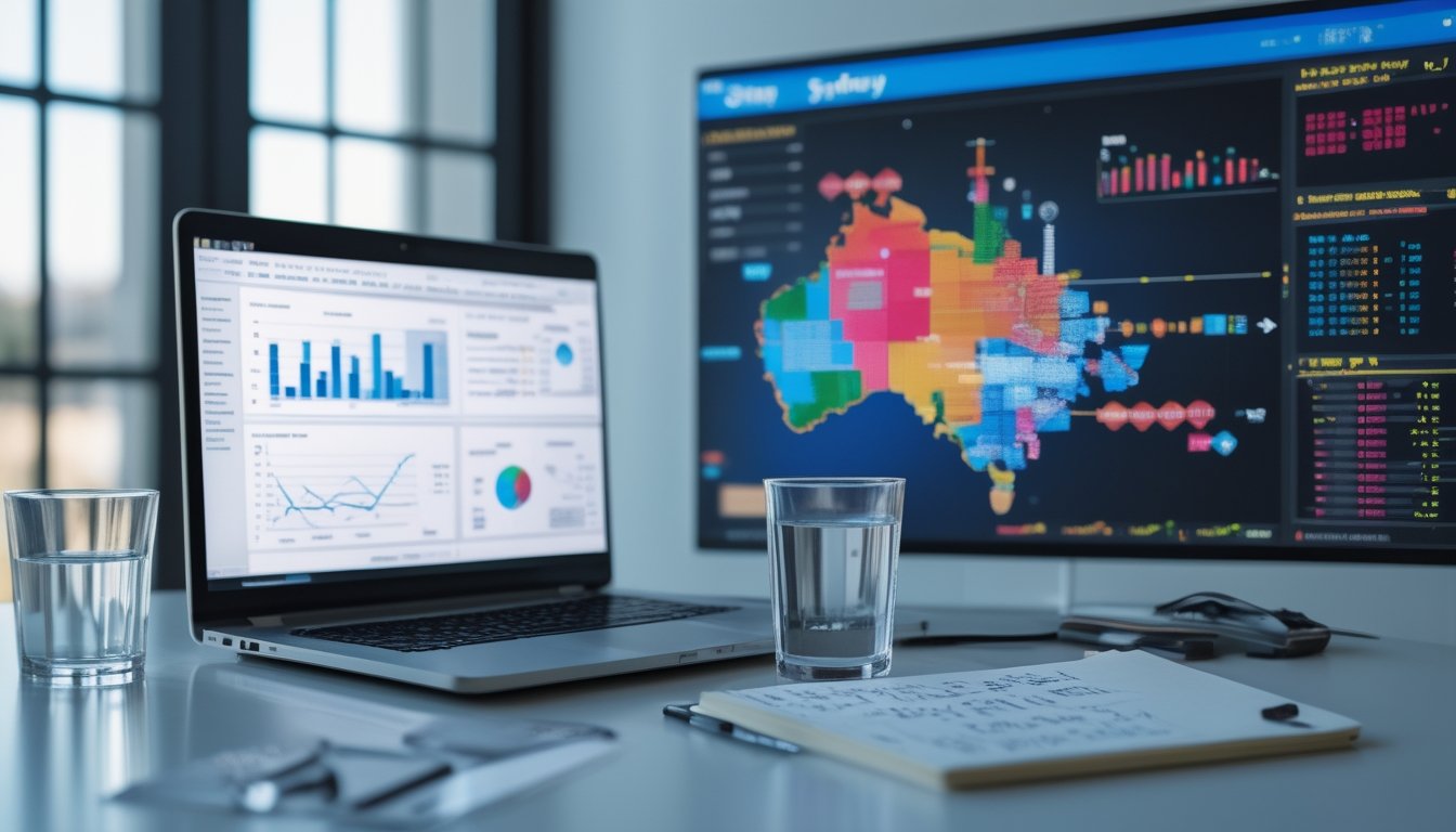 Sebuah ruang kerja modern dengan laptop yang menampilkan grafik data, layar digital dengan visualisasi data dan peta Sydney, serta alat tulis di meja.
