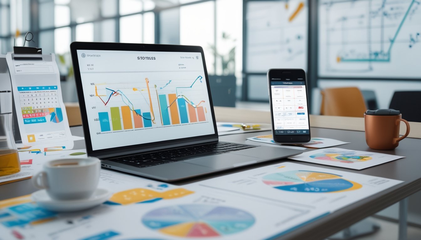 Meja kerja modern dengan laptop yang menampilkan grafik data lotre, kertas angka, kopi, dan ponsel dengan aplikasi lotre di lingkungan kantor yang terang.