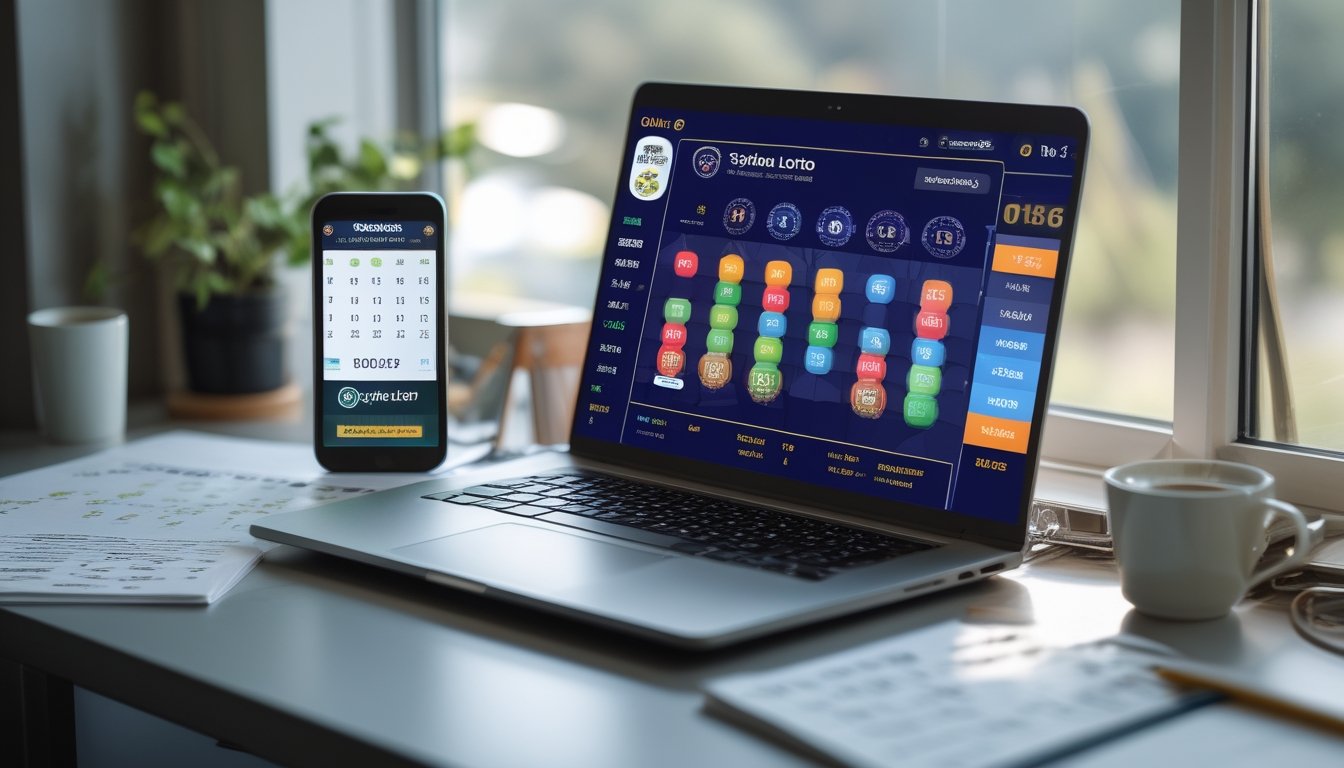 Seorang pemain menggunakan laptop di meja dengan tampilan antarmuka lotere online Sydney Lotto, dikelilingi oleh smartphone, catatan, dan cangkir kopi.