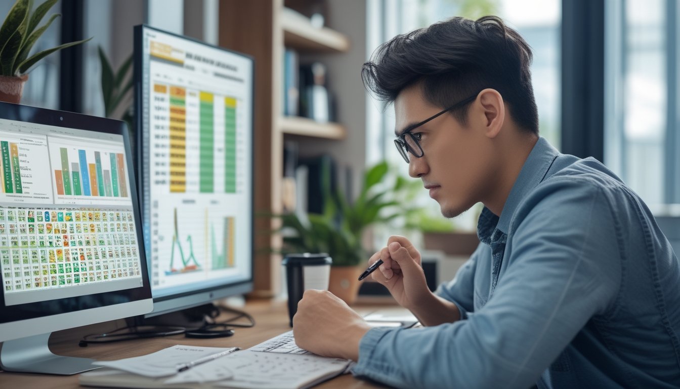 Seorang individu sedang fokus menganalisis data prediksi lotere di depan komputer di ruang kerja yang rapi dan terang.