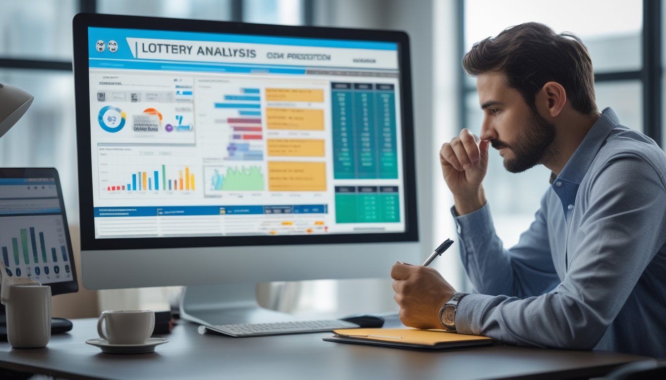 Seorang individu sedang menganalisis data lotere di meja kerja dengan komputer yang menampilkan grafik dan tabel, diiringi alat tulis dan perangkat elektronik.