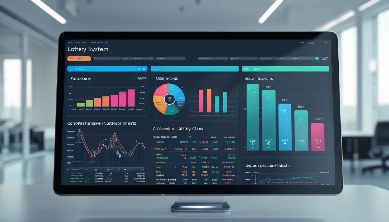 Tampilan antarmuka digital modern dengan grafik dan data lengkap tentang sistem lotere di lingkungan kantor yang bersih dan terang.